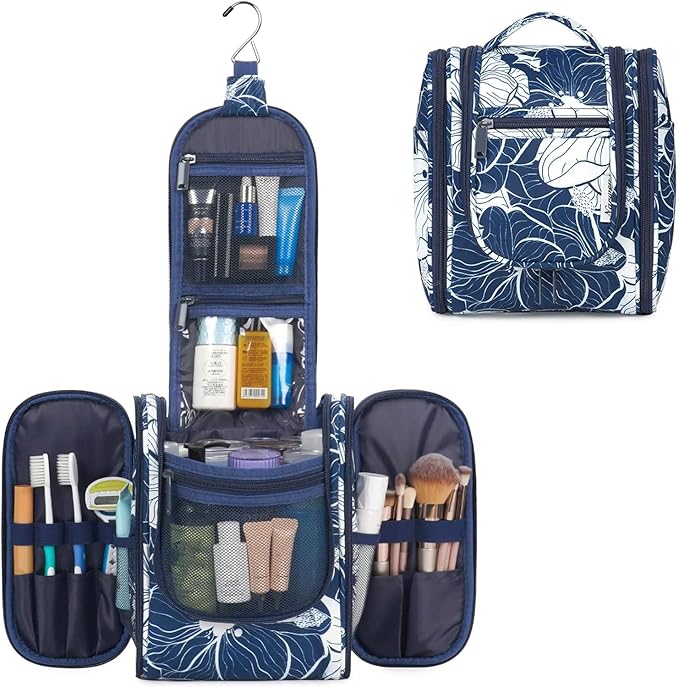 Narwey Small Hanging Travel Toiletry Bag Cosmetic Make up Organizer for Women and Men (Medium, Blue Lotus)