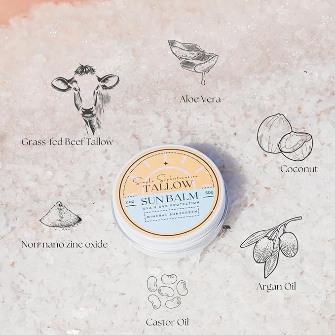 Tallow Sun Balm, tinted - with grassfed tallow, castor oil, zinc oxide | Mineral Sunscreen | Natural, Clean, Organic | Reef Safe, Ocean Friendly | Spf 30 - suitable for sensitive skin (2 oz) (Fair)