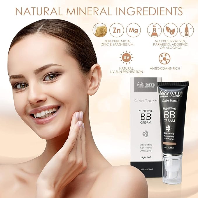 Bellaterra Cosmetics BB Cream β Tinted Moisturizer & Mineral Foundation Makeup, Light 102 β Lightweight, Oil-Free, Buildable Coverage, Matte Finish, Anti-Aging Concealer, Clean Beauty, 1.69 oz