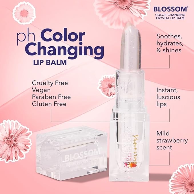 Blossom Moisturizing Color Changing Shimmering Lip Balm Sparkle Lip Stain Tint, Infused with Real Flowers, 3g, Crystal