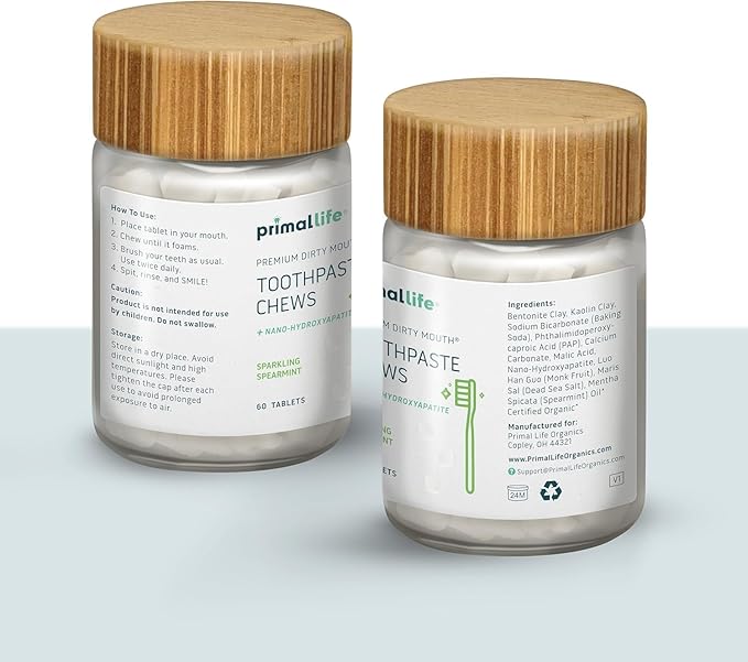 Primal Life Organics Premium Dirty Mouth Toothpaste Chews – Nano-Hydroxyapatite Whitening Toothpaste Tablets for Adults - Gluten Free, Vegan, Paleo - 60 Tablets in Jar - Sparkling Spearmint