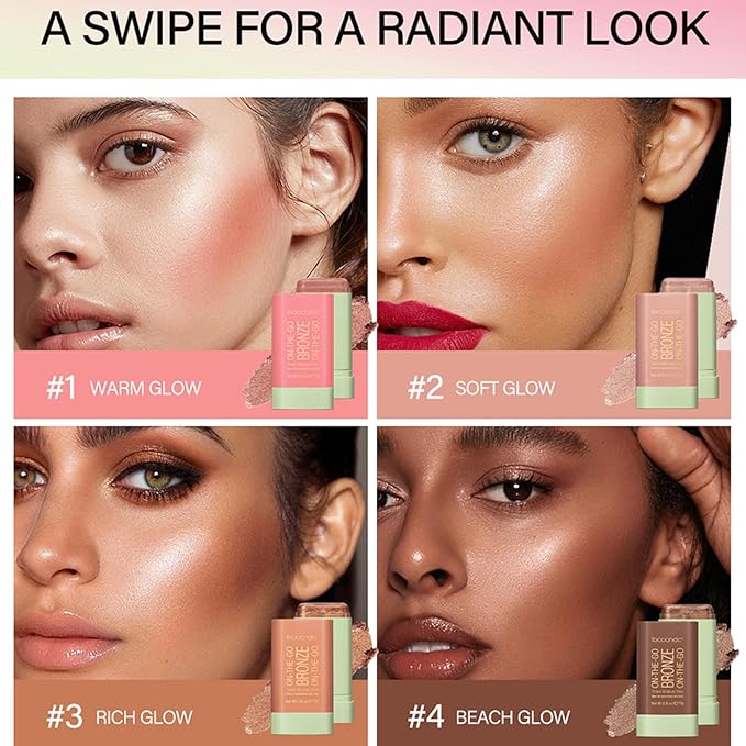 On-The-Go Bronzer Stick,Multi-Use Cream Contour Stick,Natural Long Lasting Face Bronzer,Smooth Highlighter Contour Stick,Bronze Contour Makeup Facial Shaping,03 Rich Glow