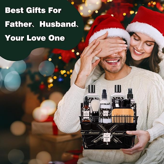 Valentines Day Gifts for Men Spa Gifts for Men, Charcoal Bath and Body Gift Set for Men, 10 Pcs Spa Kits Ideal Birthday, Christmas. Men's Relaxation Bath Baskets, Self Care Kit