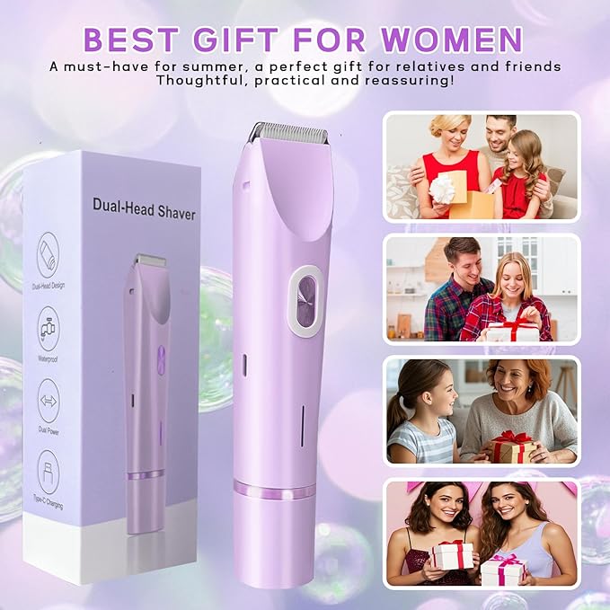 2025 New Electric Womens Shaver, 2-in-1 Body Shaver & Bikini Trimmer for Women, Waterproof Wet & Dry Use Body Hair Electric Razor Trimmer for Bikini Underarm Leg Arm Body Face (Purple)