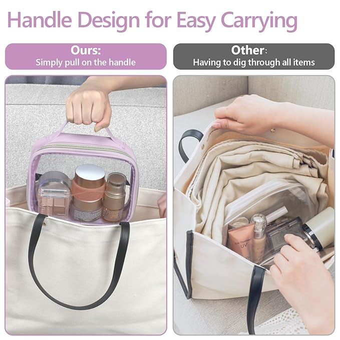 PACKISM Clear Makeup Bag - 2 Pack TSA Approved Toiletry Bag with Handle and 180° Large Opening, Sturdy Clear Toiletry Bag Fit Carry-on Travel Essential, Travel Bags for Toiletries, Purple