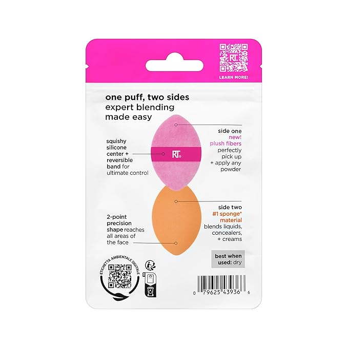 Real Techniques Miracle 2-In-1 Powder Puff, Dual-Sided, Full-Size Makeup Blending Puff, Reversible Elastic Band, Precision Tip Makeup Sponge & Powder Puff, For Liquid, Cream & Powder, 1 Count