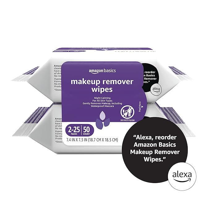 Amazon Basics Make Up Remover Wipes, Night Calming, 25 Count, Pack of 2 (Previously Solimo)
