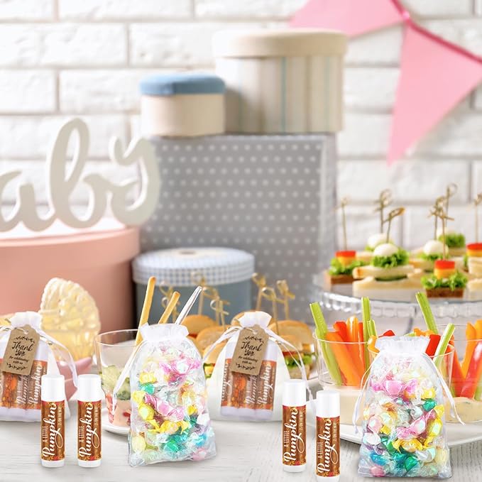 Demissle 50 Pcs Baby Shower Lip Balm Gift Set with 100 Pcs Organza Bags Baby Shower Party Favor for Guest Thank You Tag Rope Baby Shower Party Decoration Gender Reveal Souvenirs(Pumpkin)