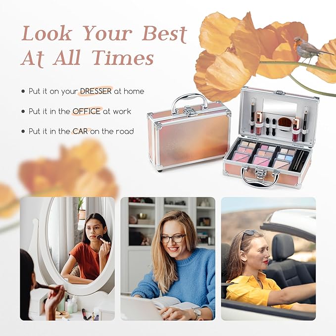 Color Nymph Beginner Makeup Kits For Teens With Train Case Included Full Makeup Kit Eyeshadow Palette Blushes Bronzer Highlighter Lipstick Brushes Mirror(Gold)