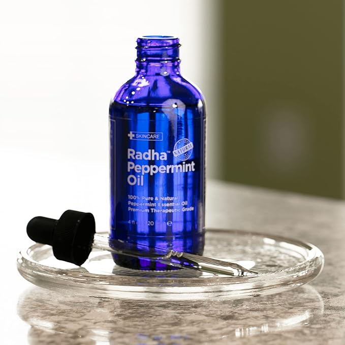 Radha Beauty Peppermint Essential Oil 4 oz - 100% Pure & Therapeutic Grade, Steam Distilled for Aromatherapy, Fresh Minty Scent, DIY Projects, Candles, Sprays and Fragrance