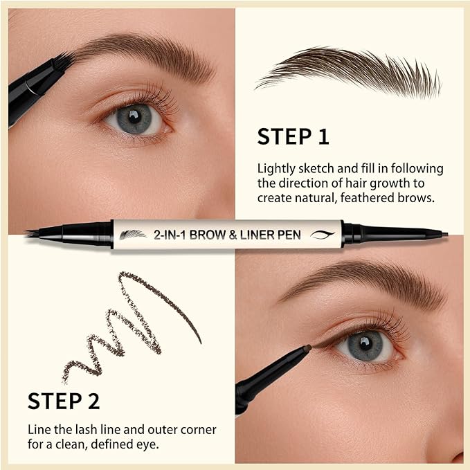 UCANBE 2-in-1 Eyebrow Pen & Gel Eyeliner Pencil – Microblading Eye Brow Pencil with Brow-Fection Angled Brush Tip + 1.5mm Ultra-Fine Eye Liner, Waterproof, Quick-Dry, Long Lasting (Brown)