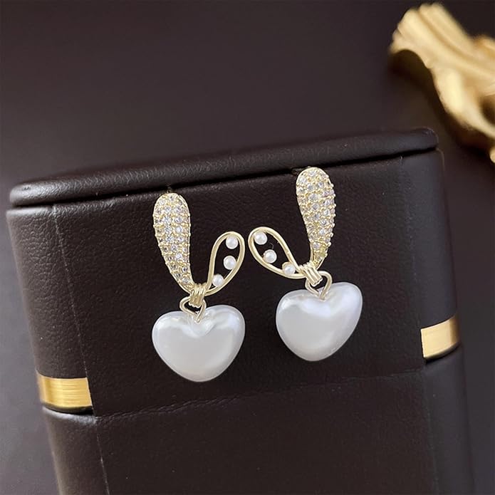 Vintage Crystal Pearl Heart Dangle Earrings Rhinestone Pearl Drop Earrings Gold Cz Pearl Stud Earrings Heart Love Earrings Jewelry for Women