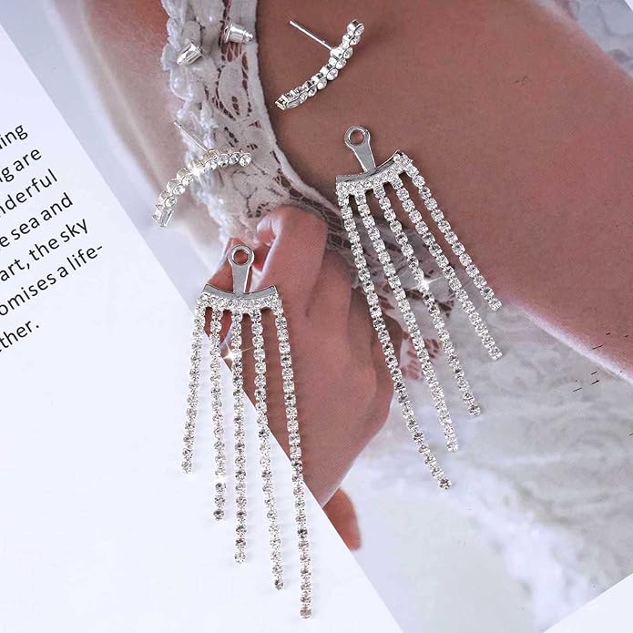 Vintage Rhinestone Chandelier Drop Earrings Crystal Ear Climber Earrings Long Tennis Chain Earrings Silver Cz Tennis Chain Tassel Earrings Jewelry for Women