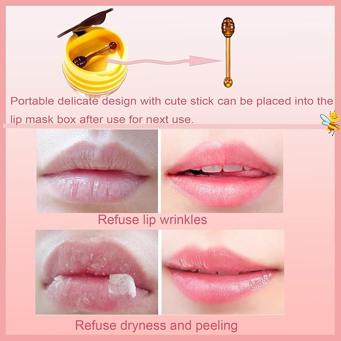 2 PCS Bee Lip Balm Honey Pot, Honey Strawberry Bee Lip Balm Sleeping Lip Mask Overnight with Sticks, Honey Pot Lip Balm Hydrating Exfoliating Prevention Dry and Crack Lip Scrubs