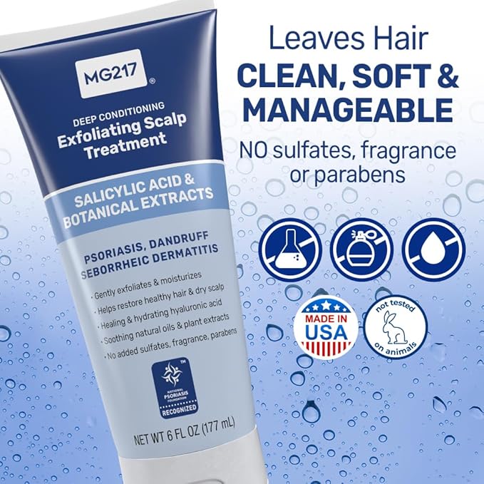 MG217 Deep Conditioning Salicylic Acid Scalp Treatment for Psoriasis, Exfoliates, Heals, Moisturizes, Hyaluronic Acid, Natural Oils, Plant Extracts, Sulfate free, Paraben Free, Fragrance Free, 6 floz