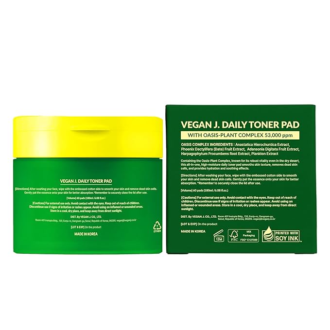 Vegan J Daily Toner Pads | Exfoliating, Hydrating, Moisturizing | Vegan K-Beauty | Oasis-Plant Complex 53,000ppm | Pore Refining & Skin Soothing | 100% Cotton (60 Pads)