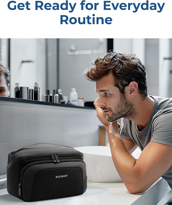 BAGSMART Toiletry Bag for Men, Wide Opening Travel Bag for Toiletries, Dopp Kit Water Resistant Shaving Hygiene Bag for Bathroom Shower, Toiletries Accessories,Travel Essentials-Black