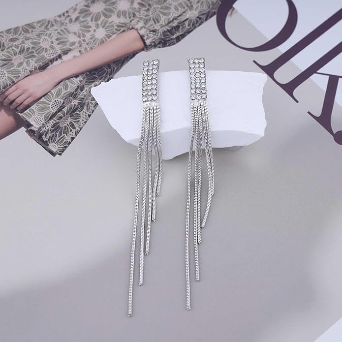 Vintage Rhinestone Dangle Earrings Gold Sleek Chain Drop Earrings Crystal Long Chain Tassel Earrings Sleek Metal Chain Earrings Jewelry for Women