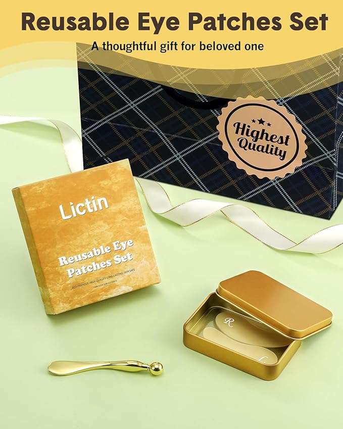 Lictin Reusable Eye Patches, Silicone Under Eye Patches with Lifting Effect to Relieve Wrinkles and Fine Lines, Pair with Metal Eye Cream Applicator,Tin Case