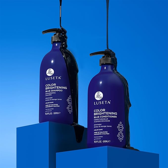 Luseta Blue Shampoo & Conditioner Set - Color Brightening for Brassy and Brunette Treated Hair, Revive Cool Tones, 2x 16.9oz