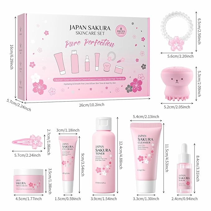 Skin Care Set for Kids Teens Girls,Cherry Blossoms Skincare for Girls 10-12,Hydrating Face Skin Care Kit with Cleanser,Toner,Serum,Eye Cream,Face Cream - 8Pcs Skincare for Kids Girl Birthday Gifts