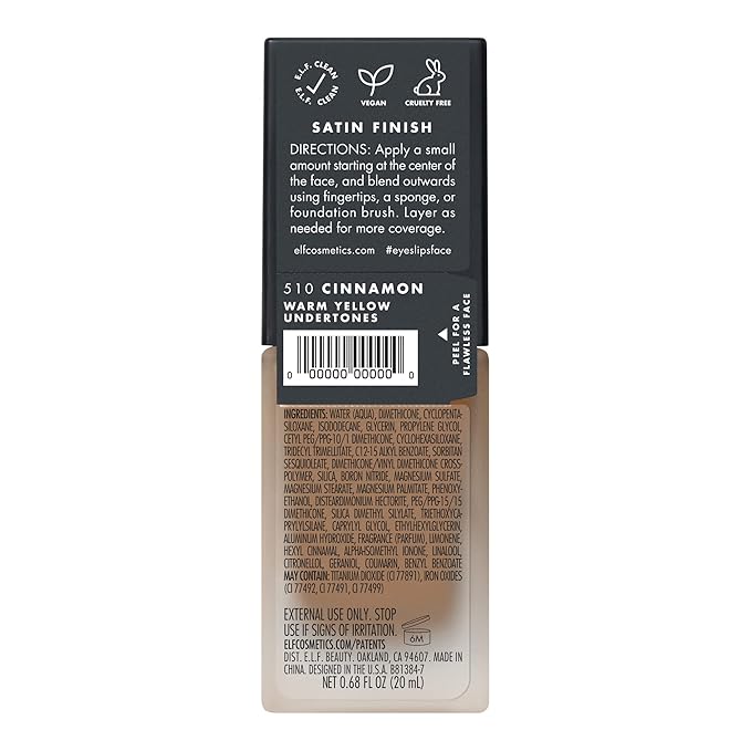 e.l.f. Flawless Finish Foundation, Lightweight & Medium Coverage, Semi-Matte Finish, Cinnamon, 0.68 Fl Oz (20mL)