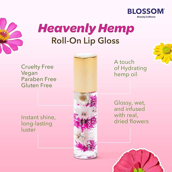 Blossom Roll on Lip Gloss, Scented Clear High Shine Moisturizing Lip Oil, Non Sticky, Infused with Real Flowers, Made in USA, 0.2oz, Strawberry Hemp