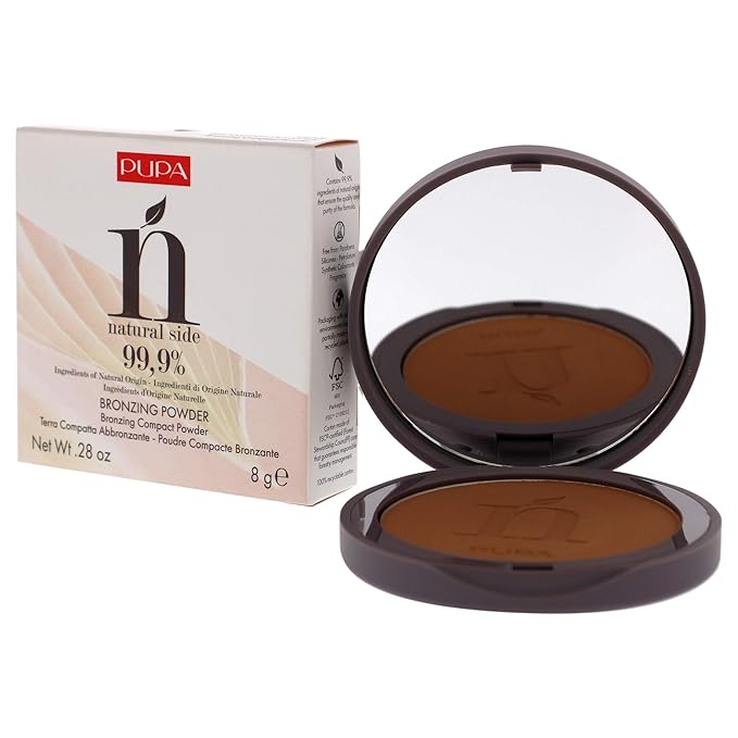 PUPA Milano Natural Side Bronzing Powder 003 Intense Bronze - Add Warmth and Glow to Skin - Easy Blending Bronzer Contour Makeup Powder to Brighten Complexion - 99.9% Natural Formula - 0.28 oz