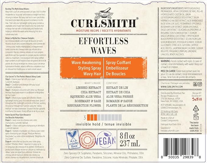 CURLSMITH - Effortless Waves Styling Spray, Lightweight and Moisturising, Reduce Frizz, Natural Look, For Wavy and Curly Hair, Vegan (59ml/2 fl oz) Trial or Travel Size