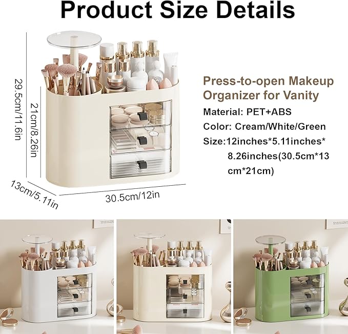 DASITON Makeup Organizer with 3 Drawers,Automatic Lifting Makeup Brush Holder with Lid,Large Capacity Makeup Organizers for Vanity,Bathroom Countertop,Ideal Storage Skin Care,Brushes,Lipstick (Cream)