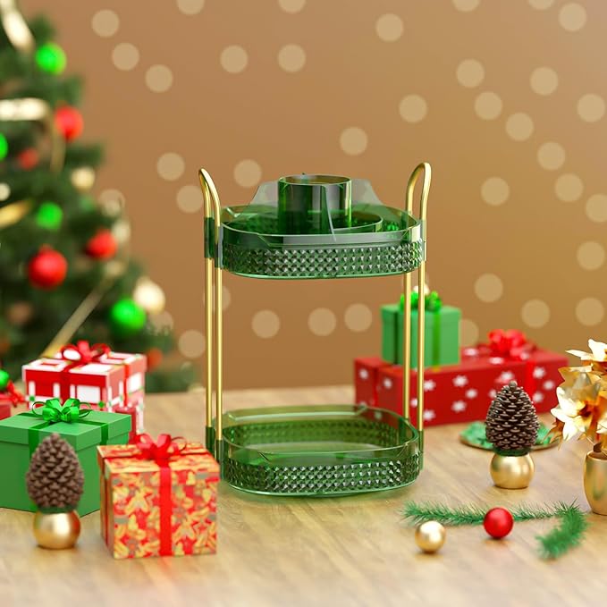 Awenia Rotating Makeup Organizer 360, Stackable Adjustable Large Capacity Cosmetic Storage Unit,Dresser Bathroom Kitchen Countertop Organizer with Metal Handle, Plus Size (Gem Green, 2 Tier)