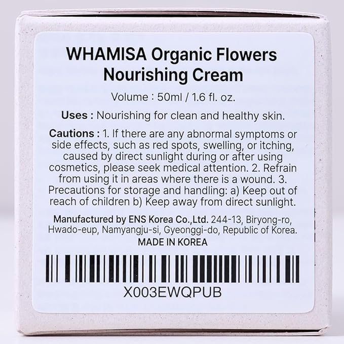 Whamisa Organic Flowers Nourishing Cream, 95.2% Organic, Waterless Formula, Fermented Postbiotic for Deep Hydration & Soothing, Moisturizing (50ml)