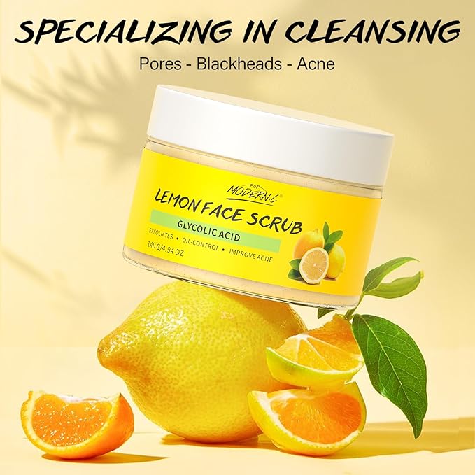 Lemon Face Scrub with Glycolic Acid Microdermabrasion Facial Scrub AHA Exfoliating for Women Men Safe Vegan Improves Acne Blackheads Soft Soothing without Irritation