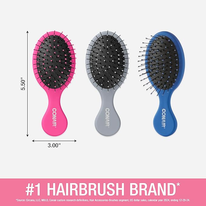 Conair Detangling 3PK mini hair brush - use wet or dry - ideal for curly or straight styles - detangler hairbrush - hairbrushes for women - great for travel - Pink, Grey, Blue