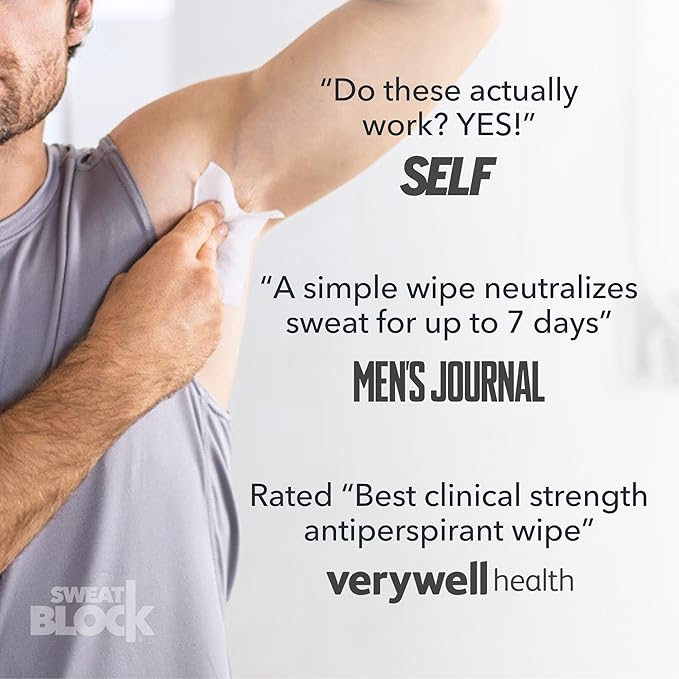 SweatBlock Clinical Strength Antiperspirant Wipes for Men and Women Excessive Sweat Protection Hyperhidrosis Treatment Stops Underarm Perspiration Up to 7 Days Includes 10 Individually Wrapped Wipes