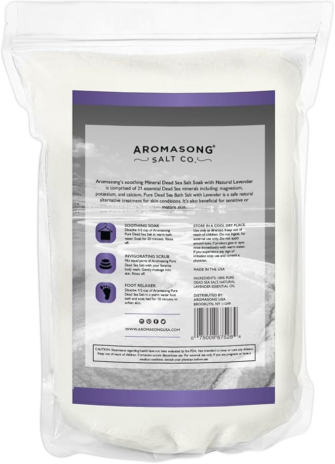 Aromasong Pure Dead Sea Salt for Soaking with 100% Natural Lavender, 5 LB - Spa Bath Salt Fine Grain - Body Wash Scrub - Soak for Women & Men- Bulk Resealable Pack (Packaging May Vary)