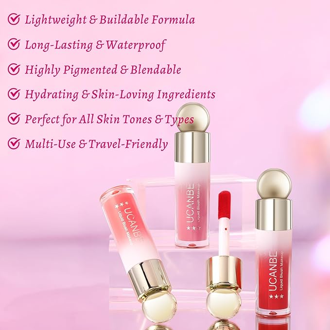 UCANBE 3PCS Liquid Blush Makeup Set – Dewy Cream Cheek Tint for Face – Blendable Long-Lasting Lightweight Natural Flushed Look (Cherry Red, Cool Pink, Light Orange)