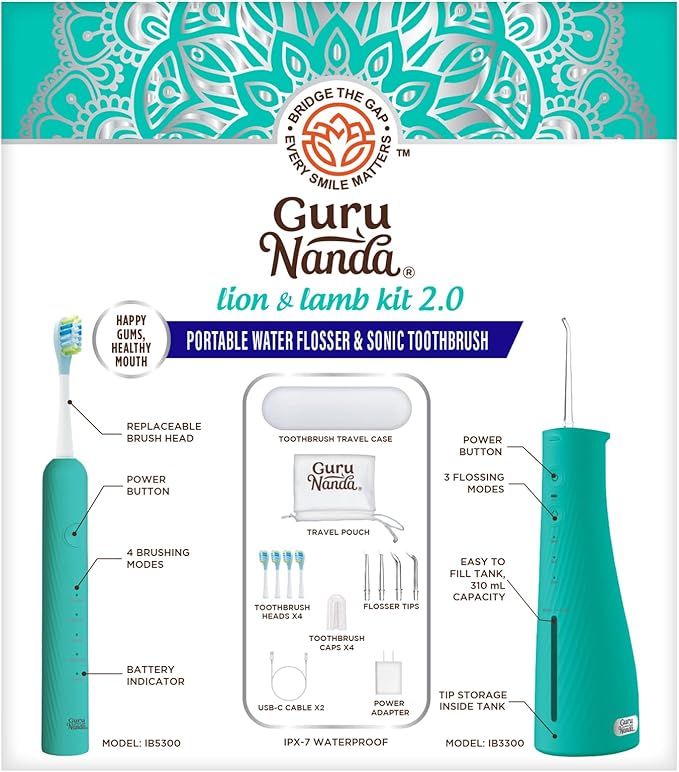 GuruNanda Lion & Lamb Kit 2.0, Electric Toothbrush with Water Flosser Combo, 4 Jet Tips, 4 Brush Heads, & IPX7 Waterproof Design for Complete Oral Care, Teal