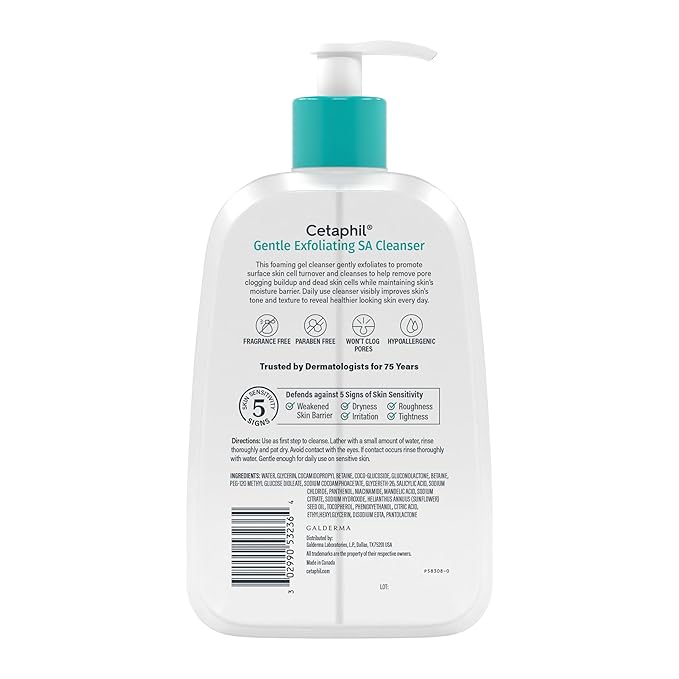 Cetaphil Gentle Exfoliating SA Cleanser, Foaming Gel Cleanser for All Skin Types, 16 Oz Pump Bottle, Salicylic Acid, Mandelic Acid & Gluconolactone, Gently Exfoliates, Dermatologist Recommended Brand