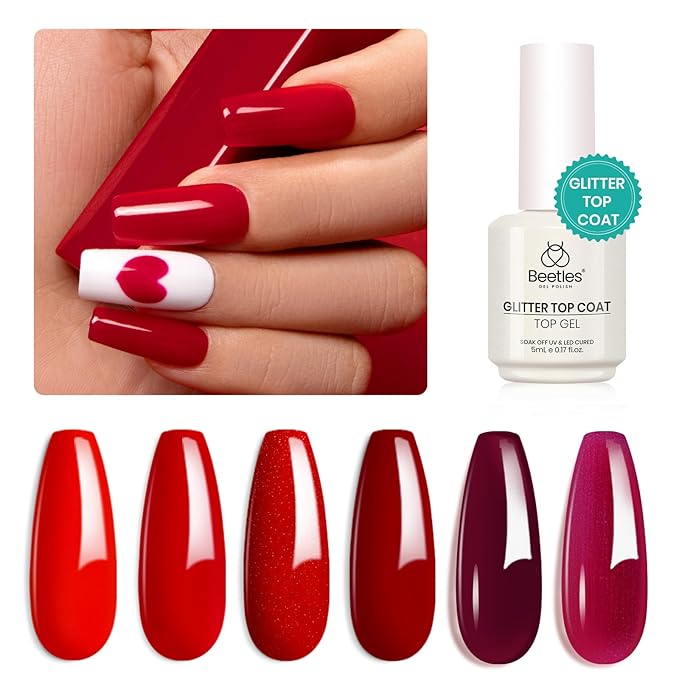 Beetles Red Gel Nail Polish Set with Top Coat, 6 Colors Popular Shimmer Red Burgundy Gel Polish Kit Nail Art Design Soak Off Uv LED Minicure DIY Home Gifts for Women