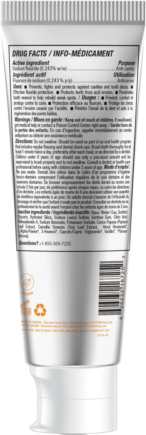 ATTITUDE Toothpaste with Fluoride, Prevents Tooth Decay and Cavities, Vegan, Cruelty-Free and Sugar-Free, Mango, 4.2 Oz