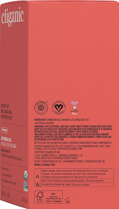 Cliganic Organic Jojoba Oil 16 oz, 100% Pure | Bulk, Natural Cold Pressed Unrefined Hexane Free for Hair & Face | Base Carrier Oil