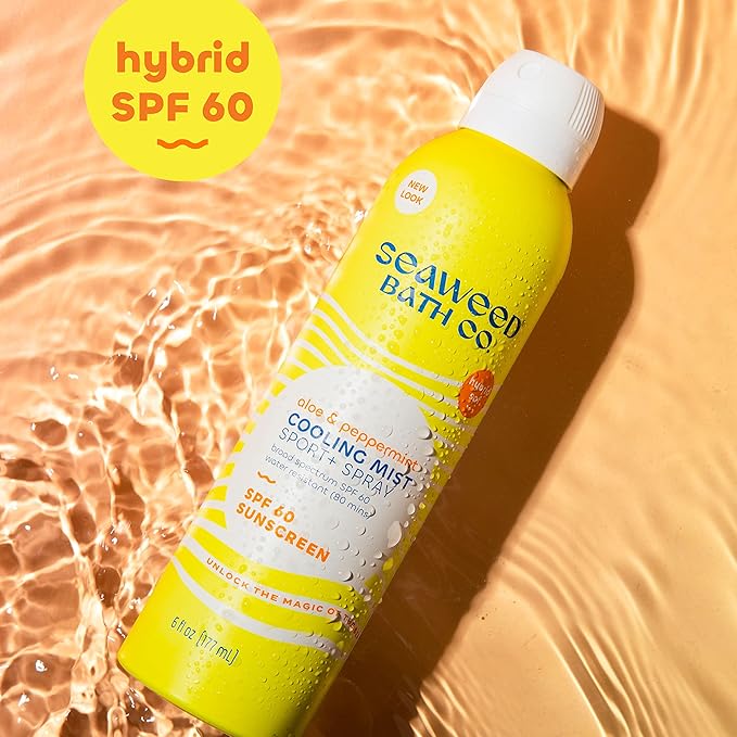 Seaweed Bath Co. Cooling Mist SPF 60 Sport Broad Spectrum Hybrid Sunscreen Spray, 6 Ounce, Sustainably Harvested Seaweed, Aloe, Peppermint