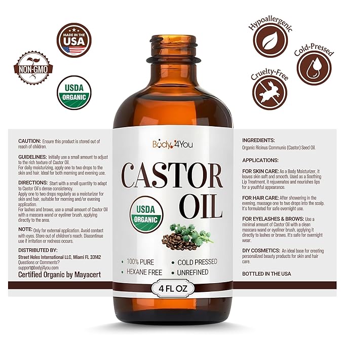 Organic Castor Oil (4oz) - 100% Pure Natural Cold-Pressed Hexane-Free USDA Certified - Glass Bottle - Hair Growth Oil for Scalp Eyelashes Face Skin - Dry Skin Moisturizer Natural Hair Care