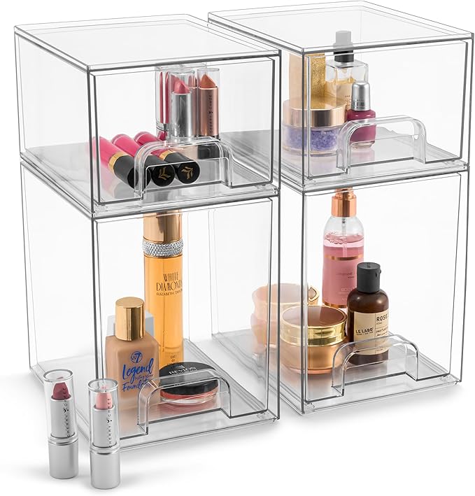Sorbus Acrylic Storage Containers - 4 Pack, Stackable Storage Bins Set for Bathroom Organization - Clear Acrylic Drawer Organizers - Makeup Case Pull-Out Drawers (7.6’’ and 4.4’’ Tall)