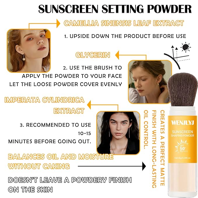 Mineral Sunscreen Setting Powder Makeup,Translucent Powder SPF 50 Finish,Lightweight,Breathable,All Skin