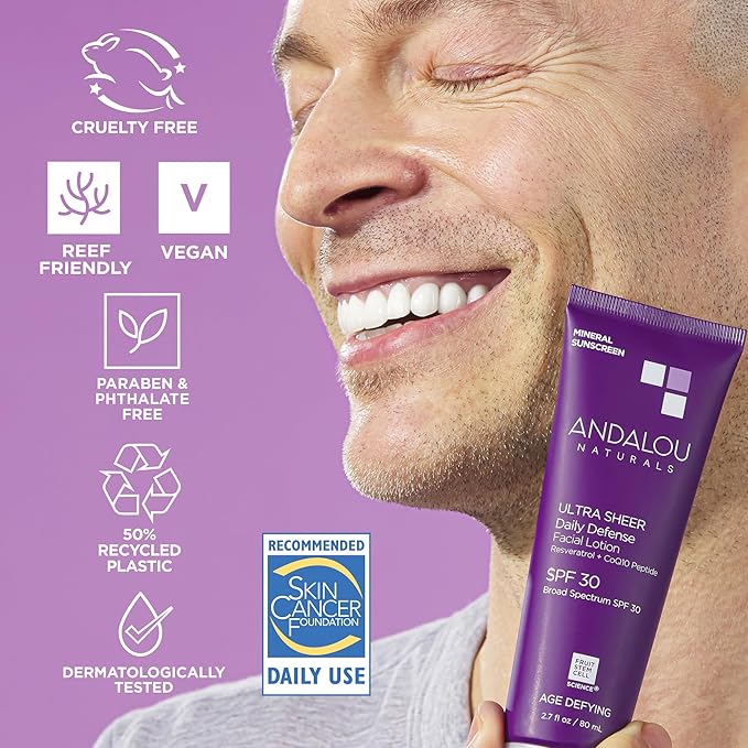 Andalou Naturals Age Defying Face Sunscreen, SPF 30 Zinc Oxide Mineral Sunscreen, Ultra Sheer Daily Defense Face Lotion, Helps Hydrate Skin, Gentle & Lightweight - 2.7 Fl. Oz.