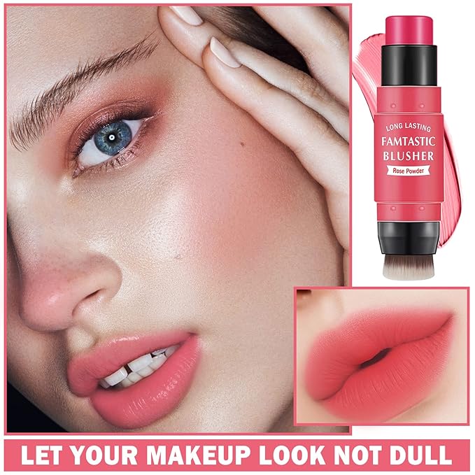 Cream Blush Stick with Brush, Waterproof, Long Lasting, Natural Finish, Rose Red - Compact Stick for All Skin Tones