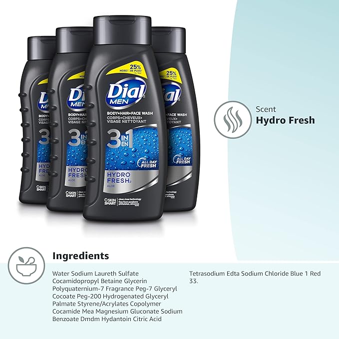 Dial Men Hair + Body Wash, Hydro Fresh, 20 fl oz (Pack of 4)