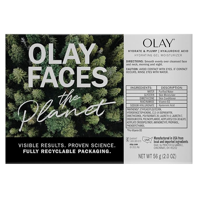 Olay Plump & Hydrate Hyaluronic Gel Face Moisturizer, 2 oz Fragrance Free Hydrating Gel Moisturizer for Dry Skin with Hyaluronic Acid and Niacinamide, Recyclable Eco Jar Packaging
